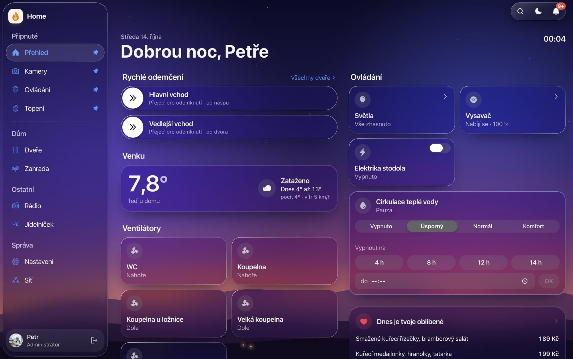 Přehled: odemykání dveří, počasí, ventilace a cirkulace teplé vody (kamera skrytá kvůli soukromí)